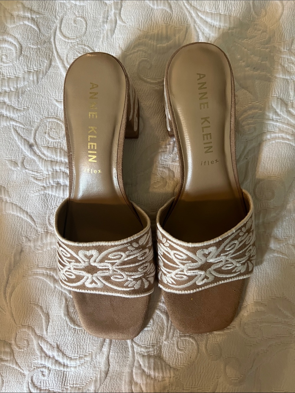 Anne Klein Tan Slide Mules with White Embroidered Strap